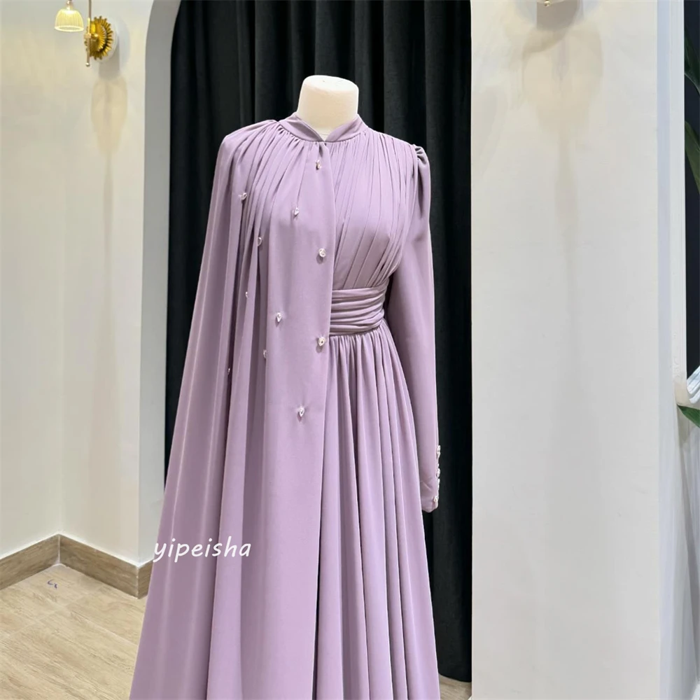 Prom Dress Saudi Arabia Simple Modern Style Formal Evening High Collar A-line Draped Pleat Floor-Length Satin Prom Dresses