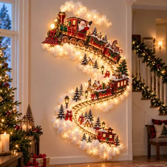 Weihnachtliche Magische Wandbeleuchtung - LED Leuchtende Weihnachtsszene Wanddekoration, Weihnachtsmann-Schlitten Rentier Hängedekoration für Partys – Detail 5