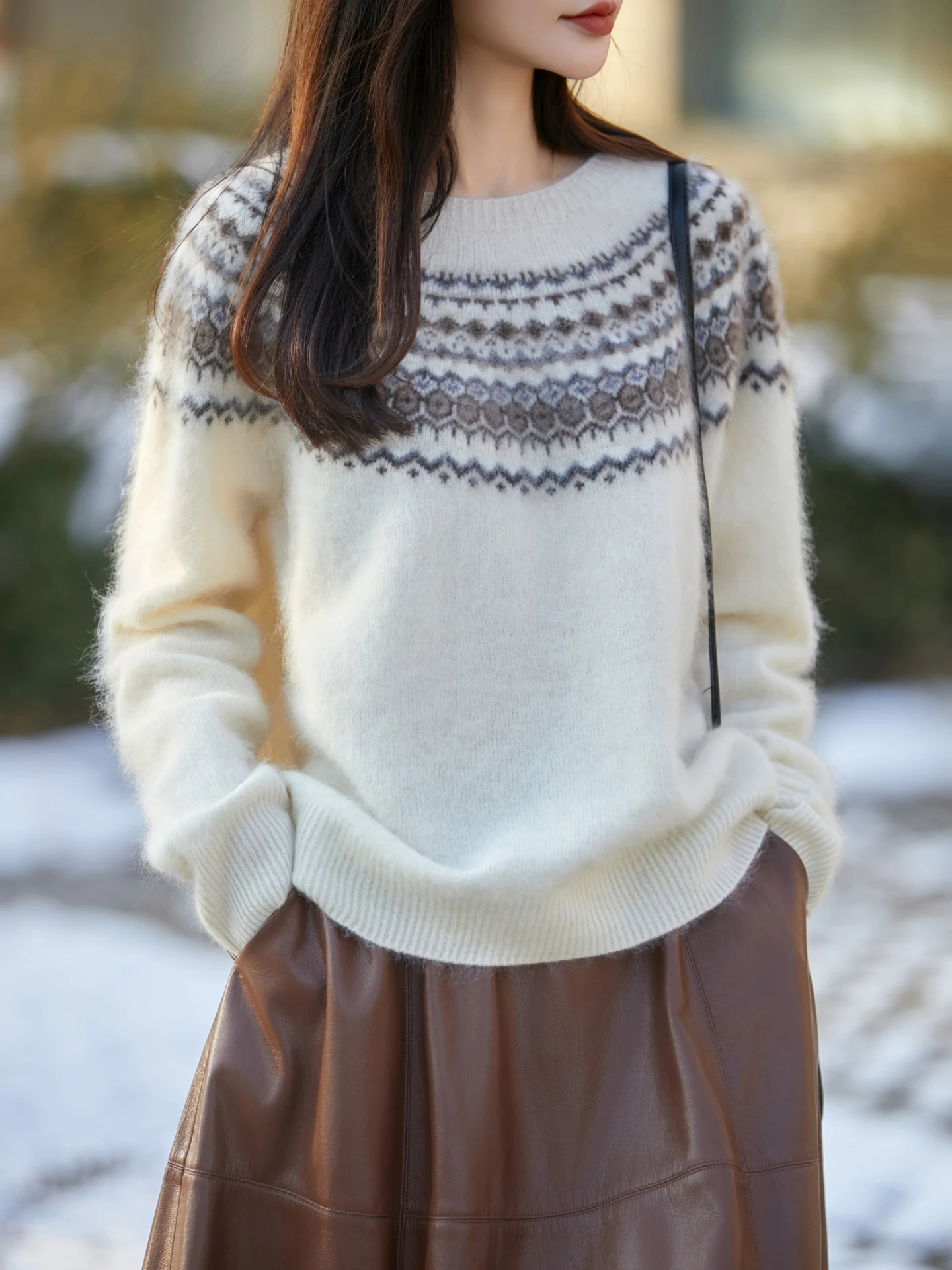 

TLOML Women's 100% Merino Wool Jacquard O-neck Fair Isle Cashmere Pullover Sweater Autumn Winter Soft Warm Vintage Thicken Tops