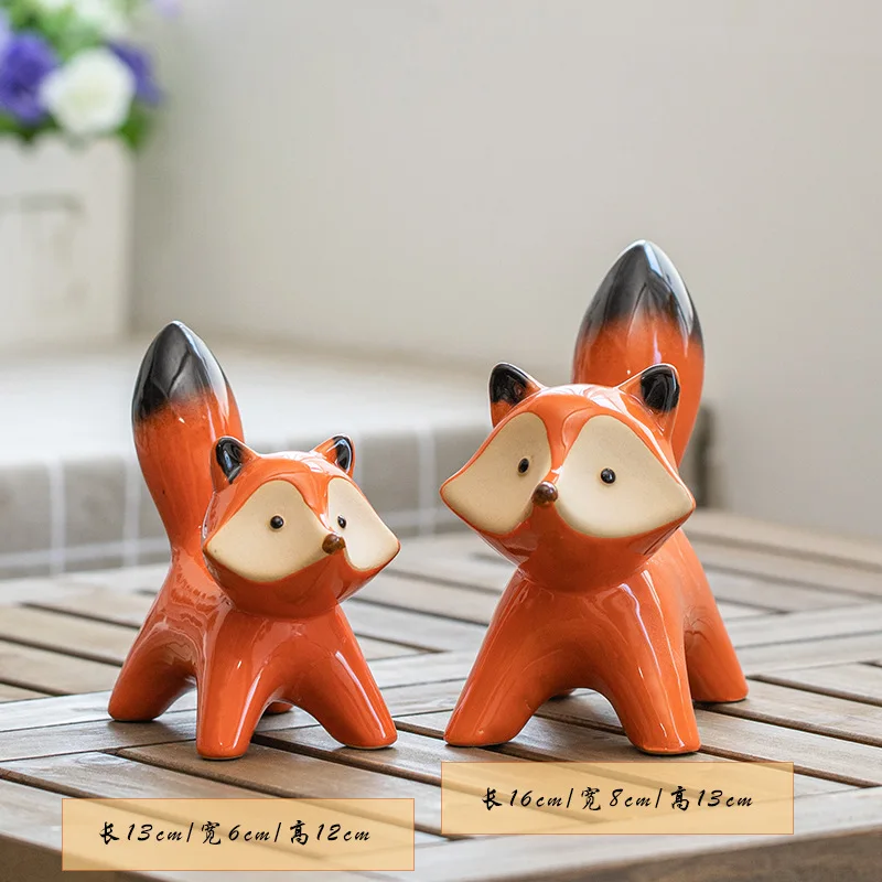 2 Pcs/Set Ceramic Couple Fox Miniature Figurines Modern Animal Decoration Loft Sculpture Statues Home