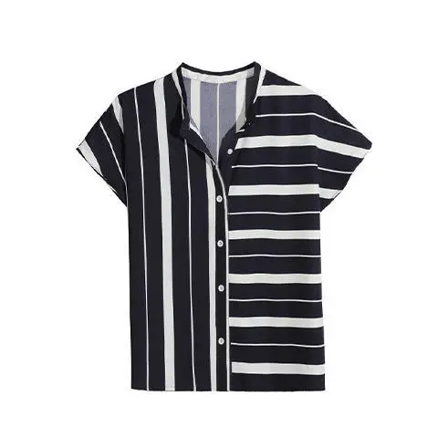 Summer Women Fashion Commuter Asymmetrical Striped Blouse Loose Polo-neck Single-breasted Short Sleeve Chiffon Casual Shirts