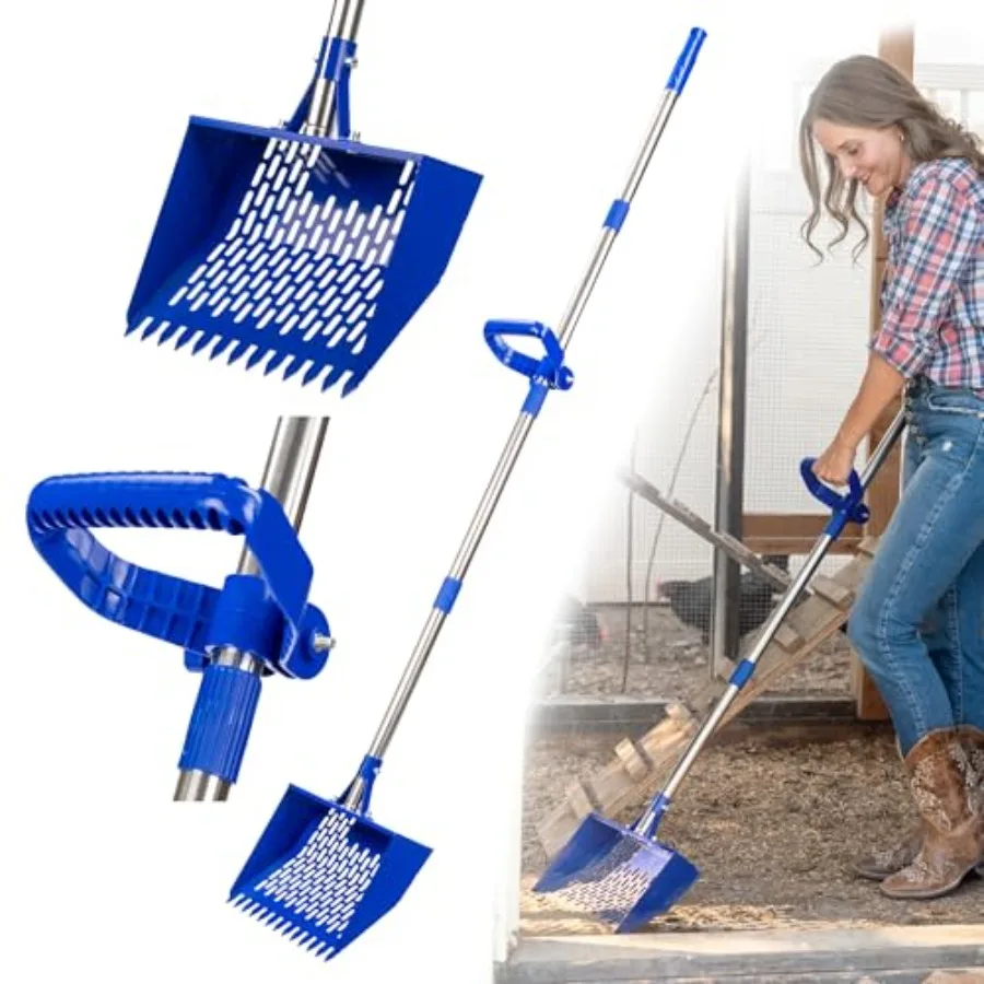 

Chicken Poop Scooper for Sand Litter Heavy-Duty Metal Scoop with 10.2 Wide Head Adjustable 2474 Handle Built-in Rake Hook Stain