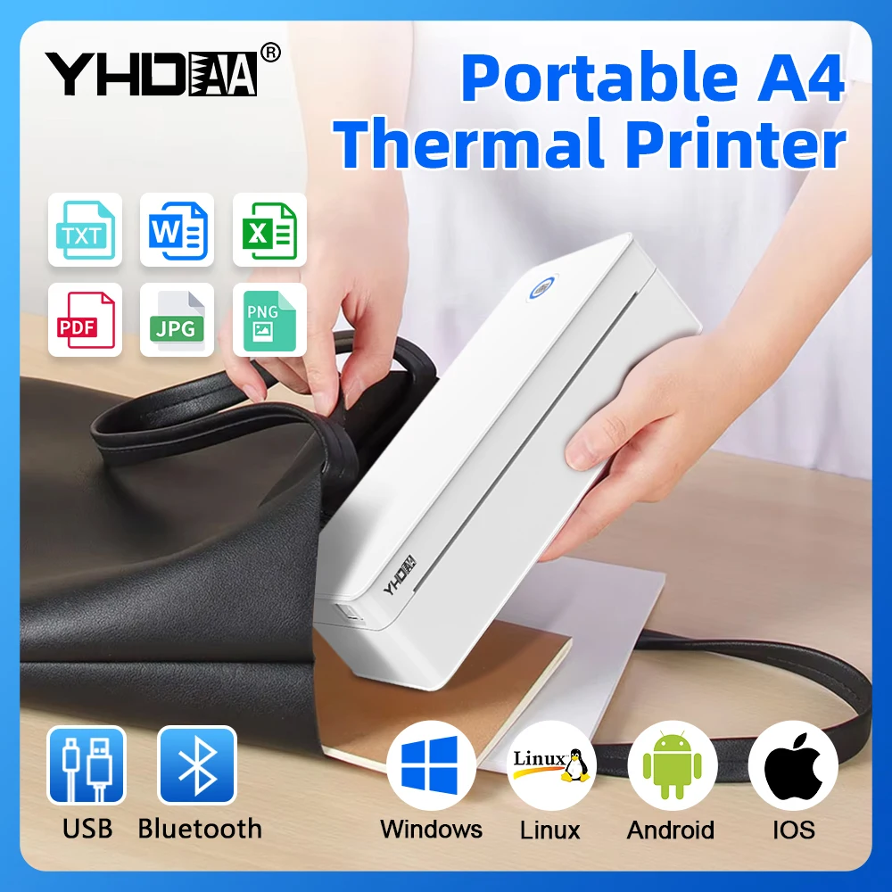 Portable Mini A4 Thermal Printer for Office/Travel/Home/School, 300DPI High Resolution, Compatible with iOS/Android/Windows