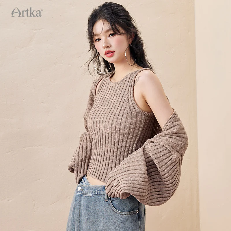 ARTKA 2023 Autumn New Women Cardigan Set Fashion Lazy Style Loose Cardigan Camisole Set Knitted Tank Top 2 Piece Set TZ92239Q