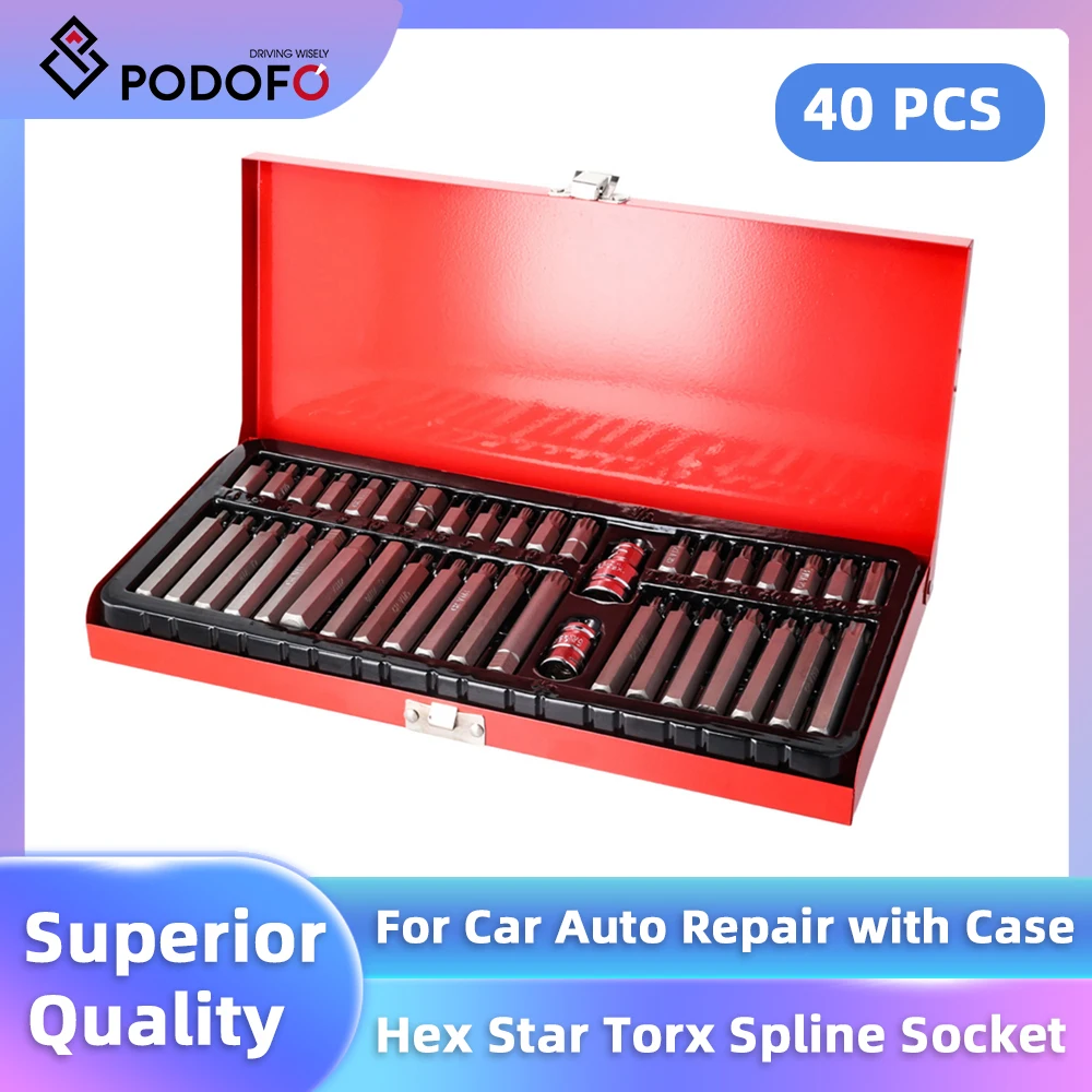 Podofo 40pcs Torx Star Spline Hex Socket Bit Kit Set 1/2inch 3/8inch Drive Impact Socket Bit Tool Set For Car Auto Repair