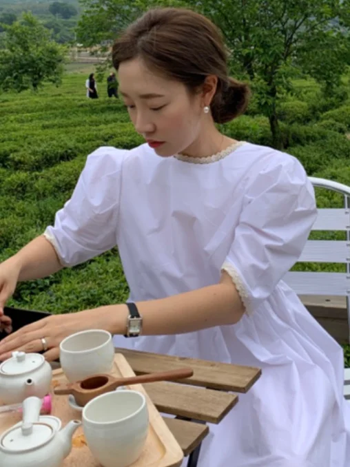 Vestido e de verano con corte de encaje y cuello empalmado, Vintage, refrescante, de Color sólido, manga de burbuja, f...