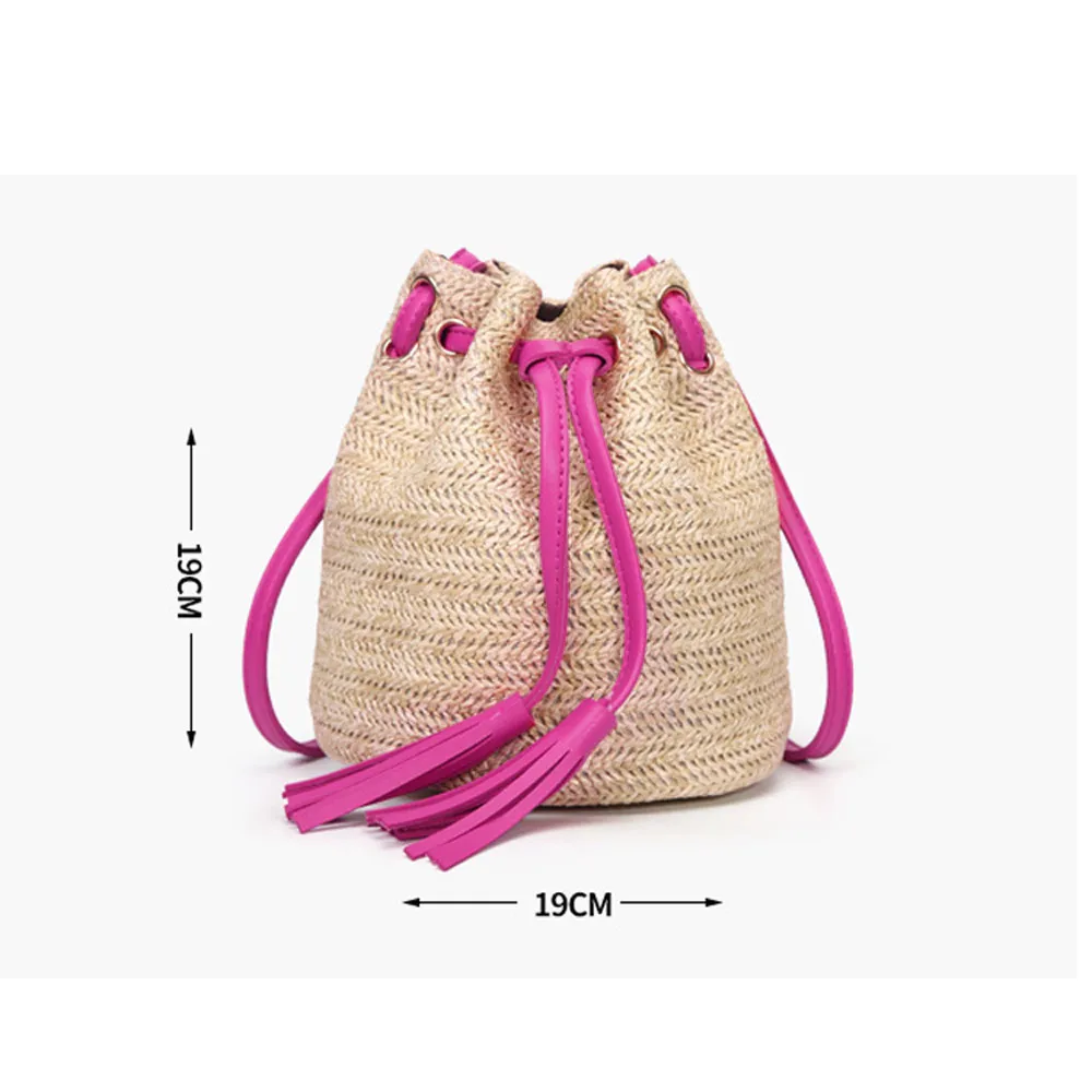 Women Fashion Solid Color High Capacity Vintage Weave Tassels Shoulder Bucket Bag