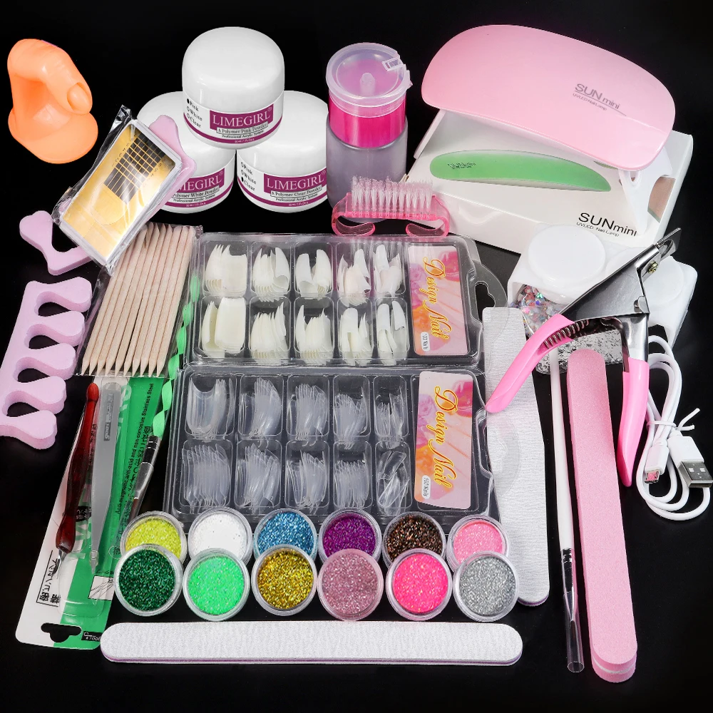 Acrylic Powder French Manicure Dust Professional White Clear Pink Crystal Polymer Builder Nails Extension Gel Kit Nail Set