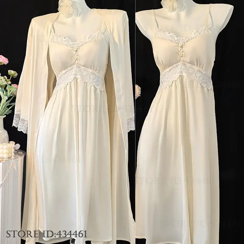 

Sexy Lace Long Robe Nightgown 2Pcs Set Spring Summer New Sleepwear Home Dress Silky Satin Bathrobe Loungewear Loose Nightwear