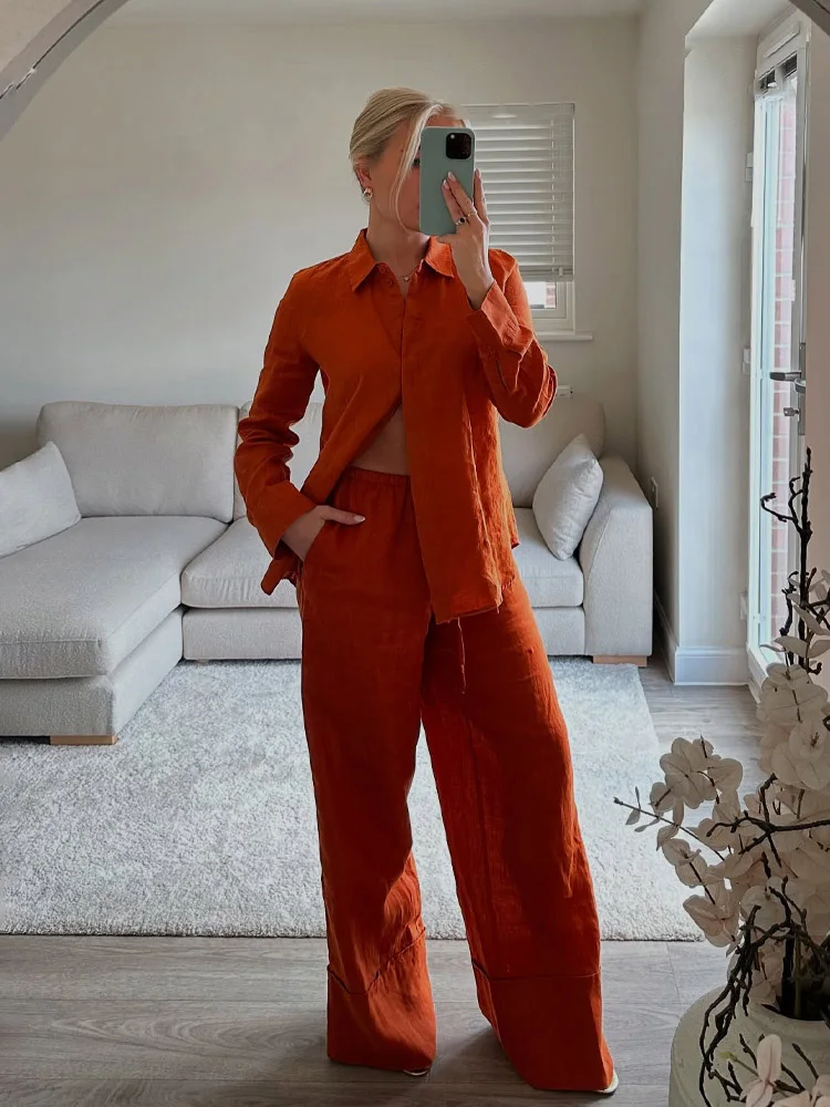 

HH Женская мода с отложным воротником и длинными рукавами на пуговицах, украшенная свободная рубашка, топ + шикарные повседневные брюки с высокой талией и карманами из веревки