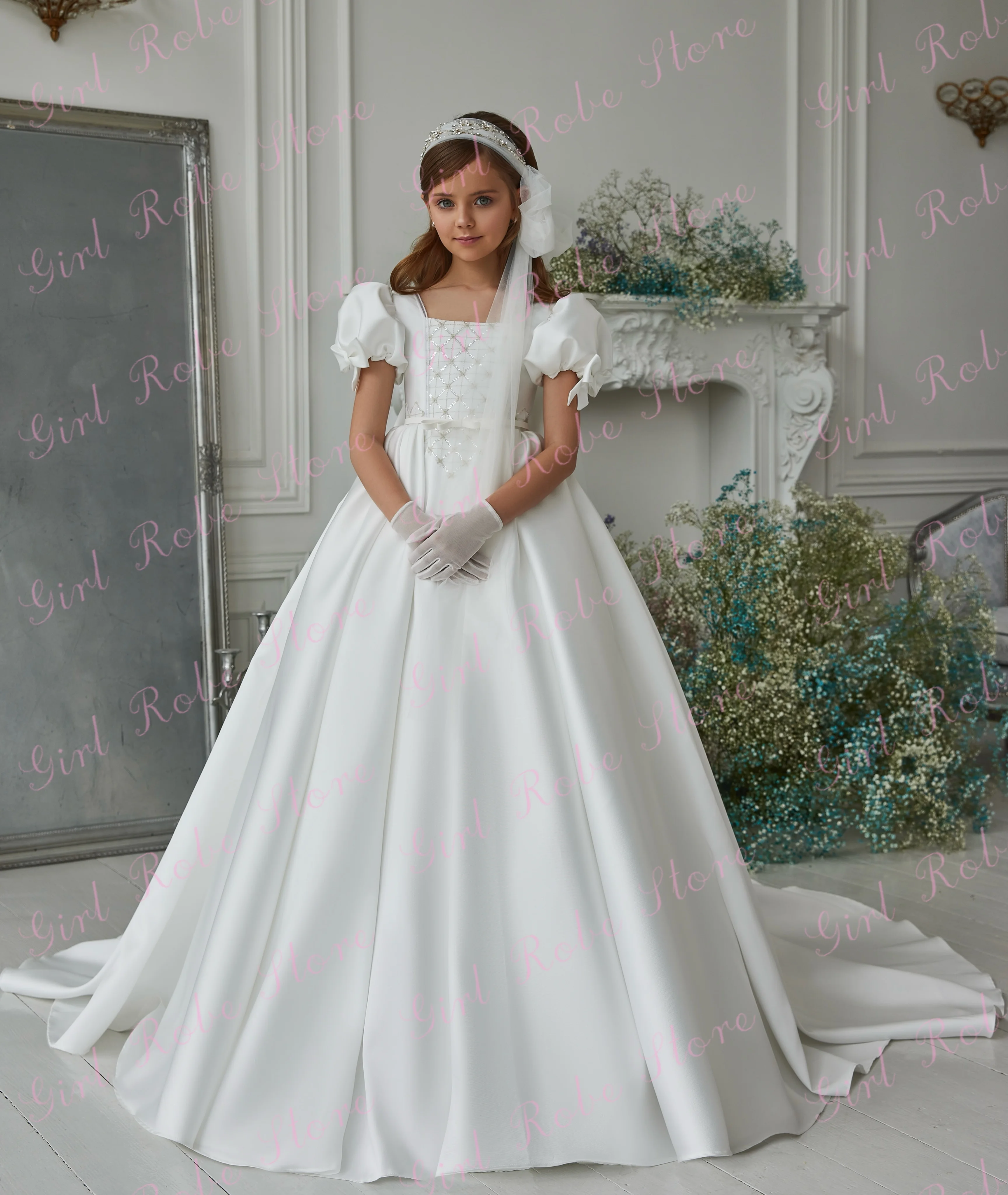 Elegant White Satin Flower Girl Dress For Wedding Short Puff Sleeves Sequins Princess Bridesmaid First Communion Gown Customized