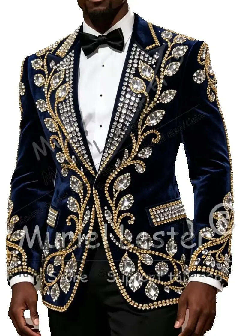 Exquisite Men's Suit For Wedding Diamond Stones Velvet Prom Blazer With Pants 2 Piece Sets Costumes Hommes Customized Man Tuxedo