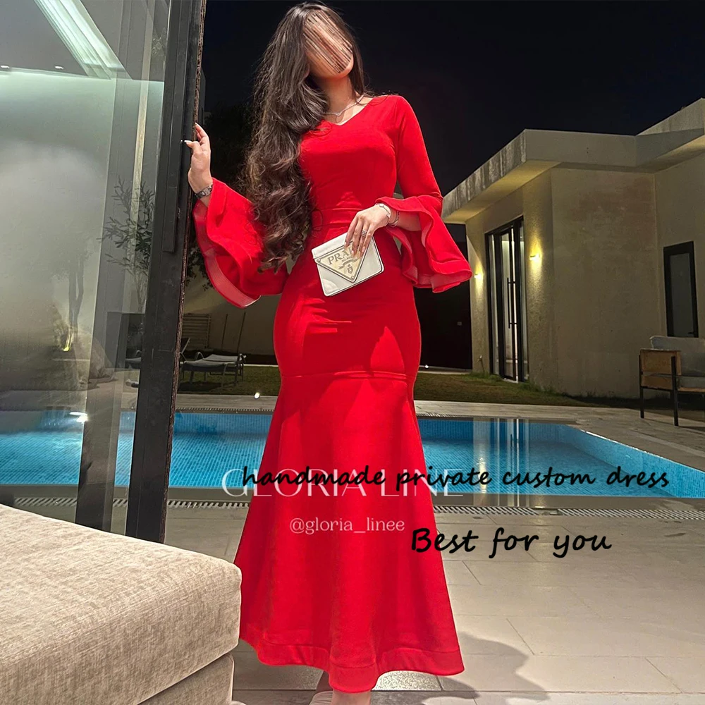 

Red Satin Mermaid Evening Dresses Long Sleeve V Neck Arabic Dubai Prom Dress Floor Length Formal Occasion Gowns