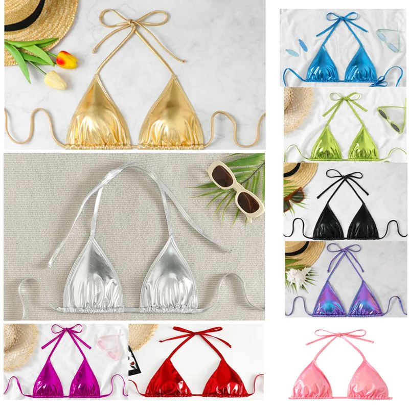 2025年夏新作水着 レディース パテントレザー生地 セクシー ホルターネック 無地 ビキニ水着