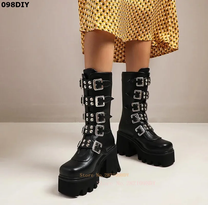 

Winter Sexy Buckle Straps Women Mid Calf Platform Boots Black Leather Block Heeled Gothic Punk Style Rivets Shoes