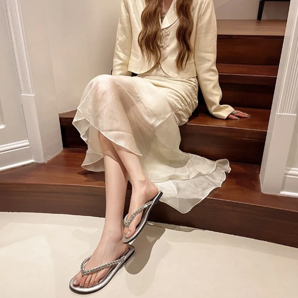 

Casual Holiday Rhinestone Flip Flops Non-Slip Waterproof Seaside Sandals Shoes Elegant Vacation Beach Slippers Summer