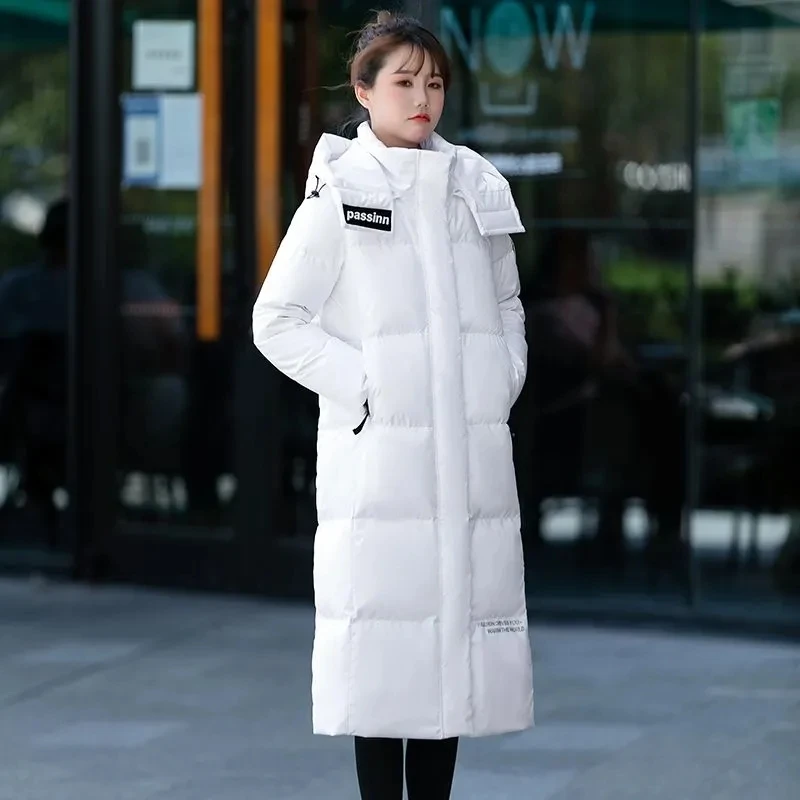 New Hooded White Eiderdown Down  Female Temperament Long Korean Version Loose Fashion Winter Warm Down Thick Coat  Tide