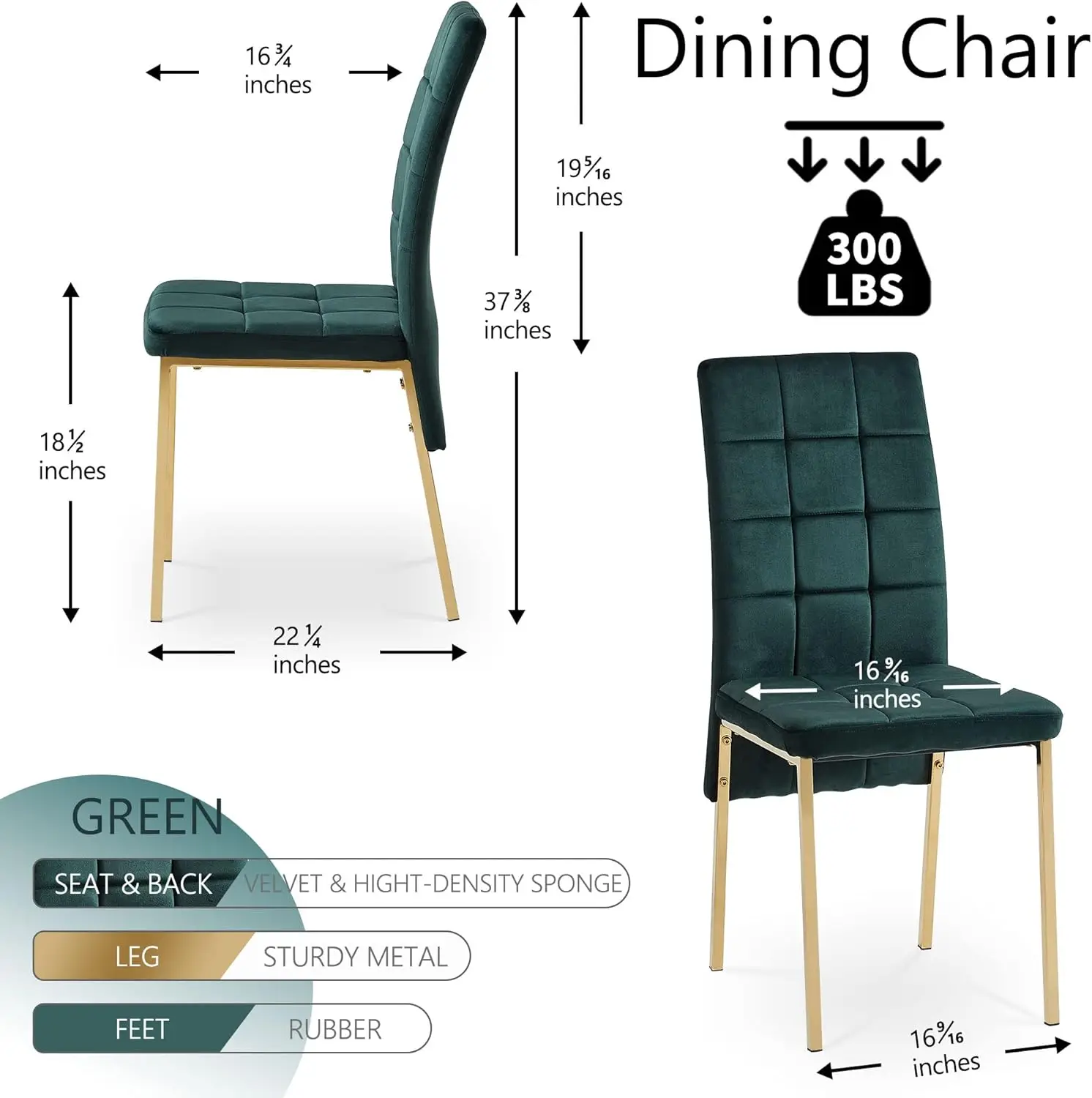 Forest Green Velvet Dining Chairs with Golden Metal Legs, Dovetail Tufted for Kitchen