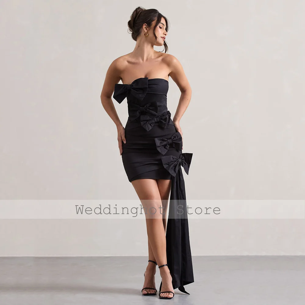 섹시한 칵테일 드레스 블랙 보우 Strapless 민소매 칼집 여성을위한 공식 파티 가운 Backless Draped Modern Cocktail Dresses