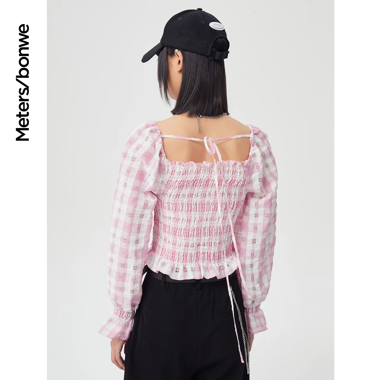 Metersbonwe-Women's Checked Shirt, Long-Sleeved Shirt, Large Collar, Casual Tops, Blue and Pink Brand, Spring Fashion