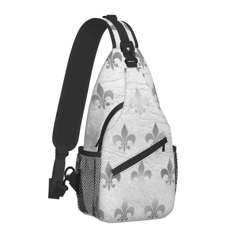 Cool Royal Silver White Leather Fleur De Lis Sling Crossbody Backpack Men Lily Flower Shoulder Chest Bag for Travel Cycling