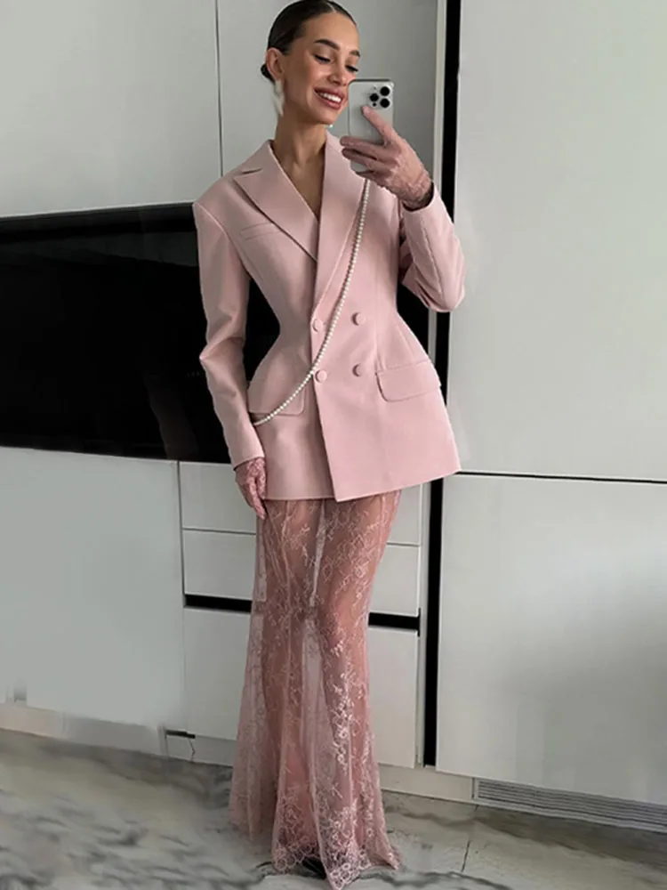 

HH Female Casual Suit Solid Turn-Down Collar Pockets Double-Breasted Blazers Coats+High Waist Zipper Long Skirt Women Sets