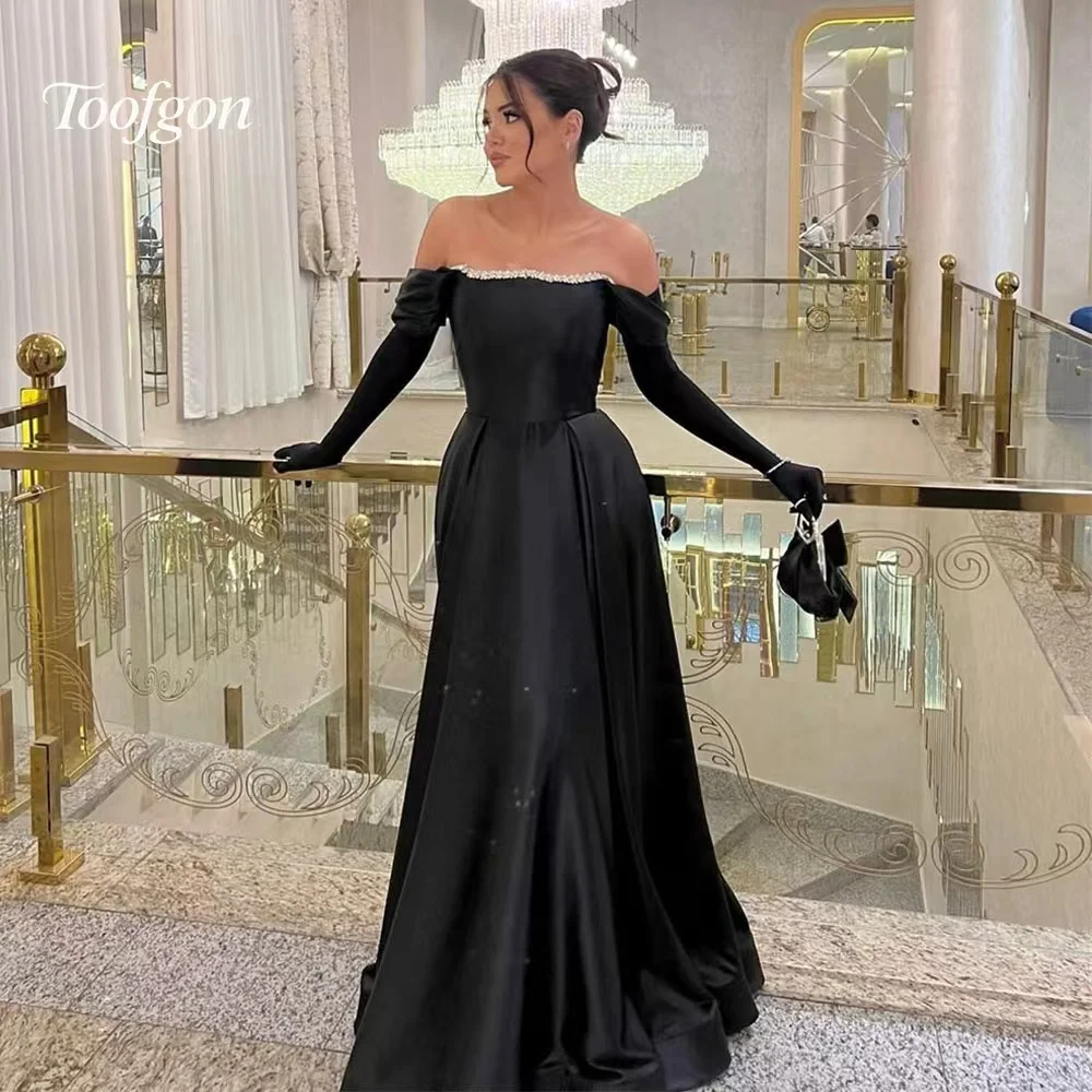 Toofgon 블랙 우먼 새틴 댄스 파티 드레스 비즈 장식 오프 숄더 긴 소매 파티 드레스 맞춤형 정장 이브닝 가운 2026