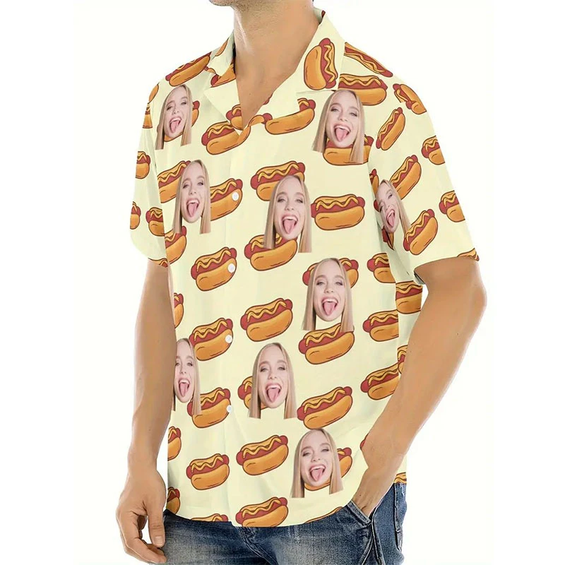 

Hawaiian Custom Avatar Hot Dog 3D Printed Shirts For Unisex Funny Birthday Gift Personalized DIY Photo Blouses Women Couple Tops