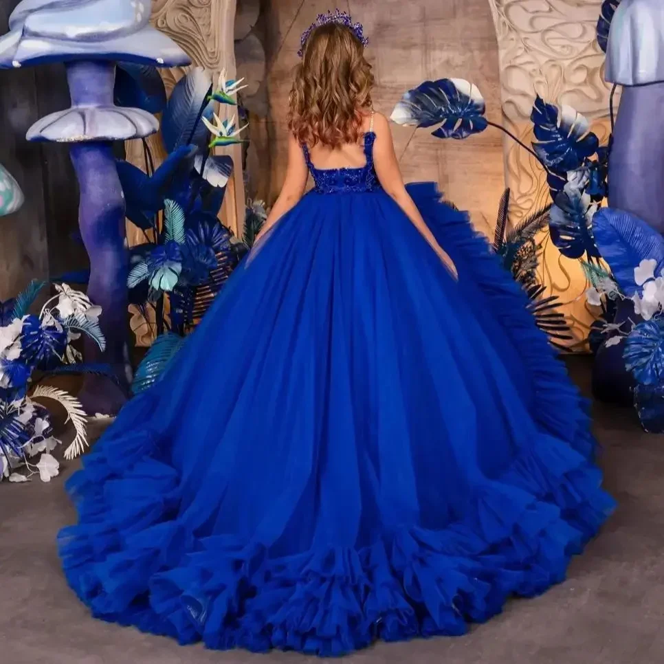 فساتين فتاة الزهور المخصصة باللون الأزرق الملكي لحفلات الزفاف مزينة بالترتر اللامع من الساتان للأطفال والحفلات المسائية فستان التواصل الأول
