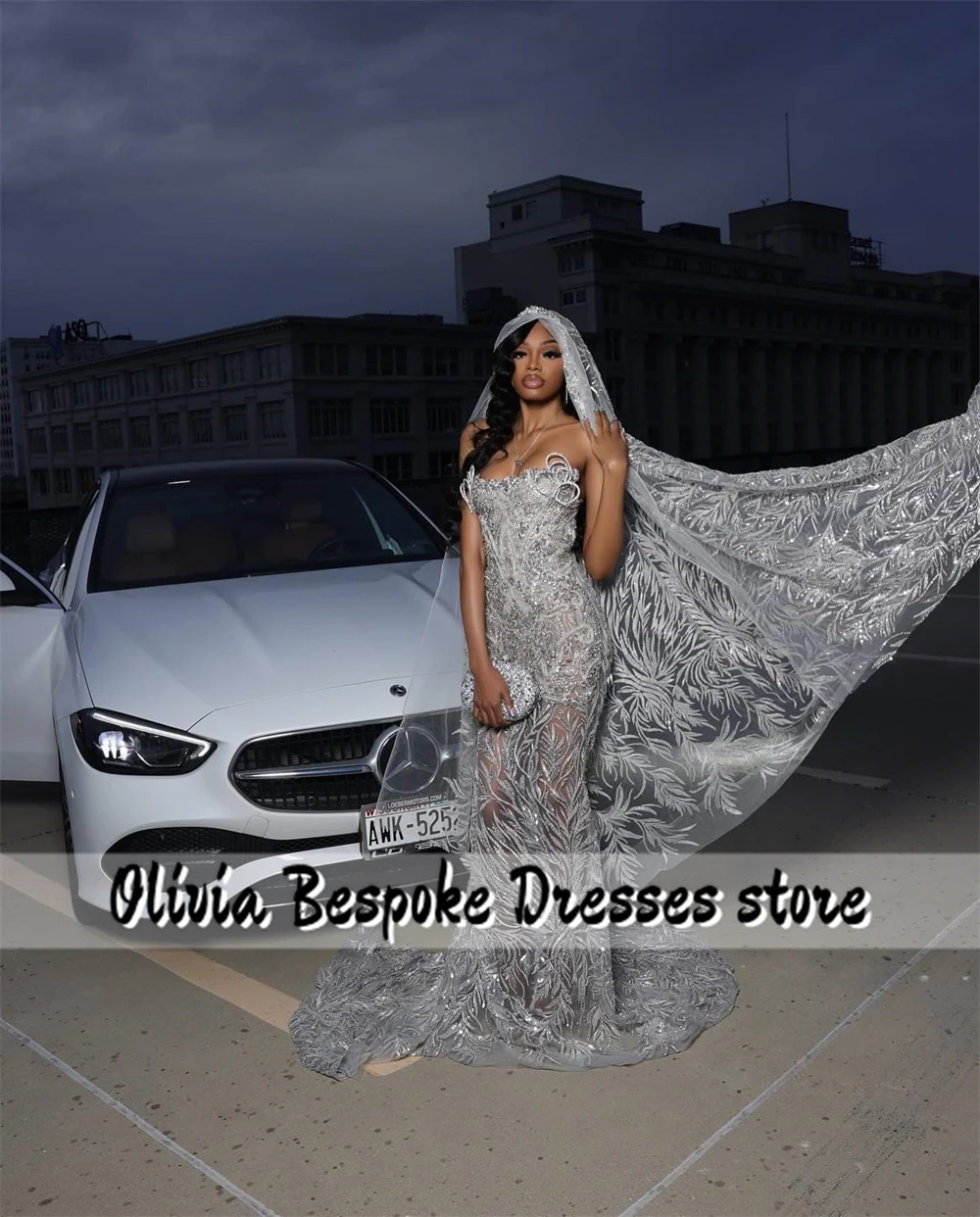 Sparkle Silver Beads Strapless Evening Dress With Headscarf Mermaid Aso Ebi Formal Party Dress African Wedding Guest Customized