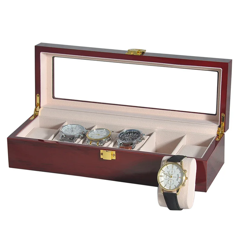 6Slot Fancy Cherry Wood Glossy Lacquered Jewelry Bangle Watch Storage Boxes Wooden High Grade Paint Wood Watch Storage Case