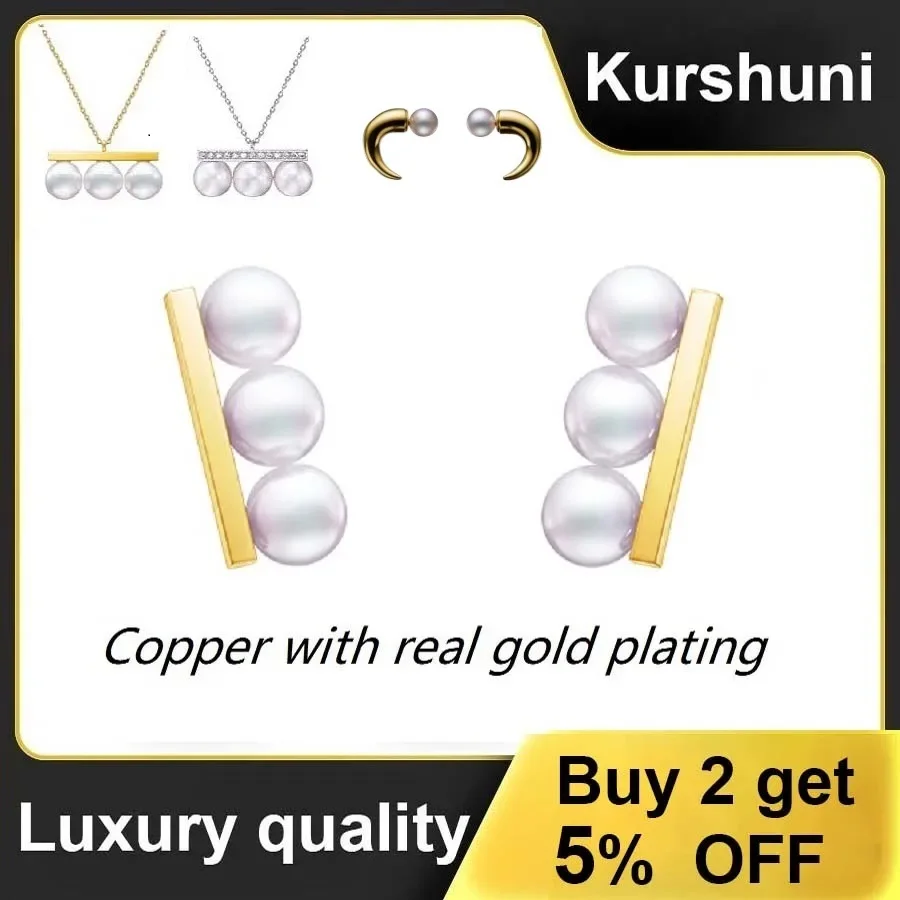 Kurshuni Pearl Pendant Necklace Piercing Ear Clip Ear Crawl Jewelry Set For Women Luxury Quality AAAAA+ Zircon Korea Fashion INS