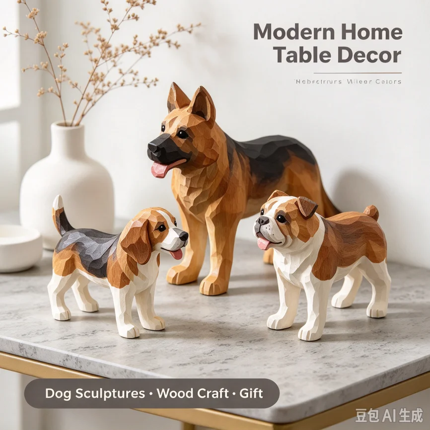 Mini Hand Carved Wooden Dog Figurine Set German Shepherd Beagle Bulldog Wood Sculpture Desktop Ornament Home Decor Gift for Dog
