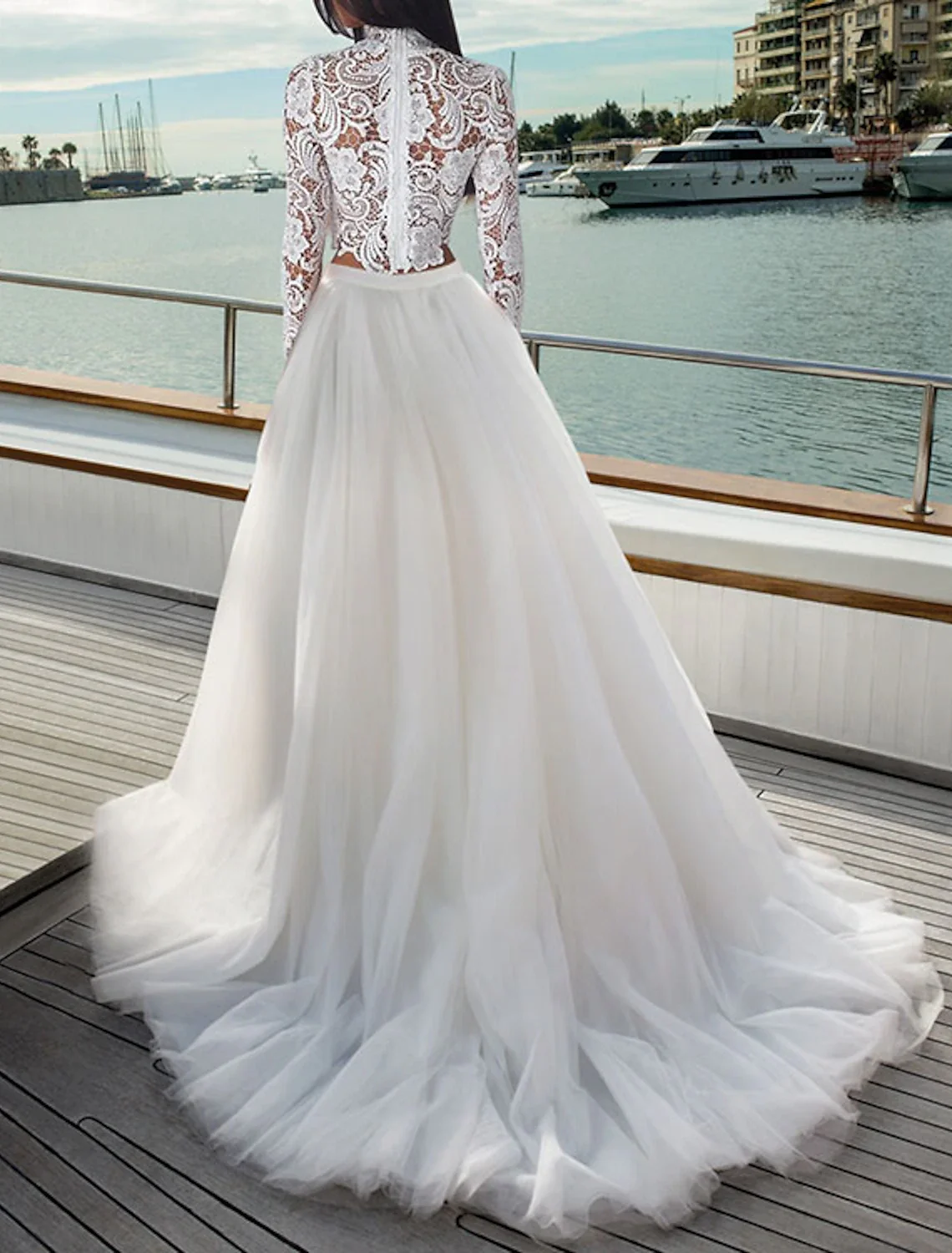 Sexy Romantic A-Line Beach Wedding Dress Long Sleeve Lace Silhouette High Neck with Appliques Sweep Train 2025 Free Customized