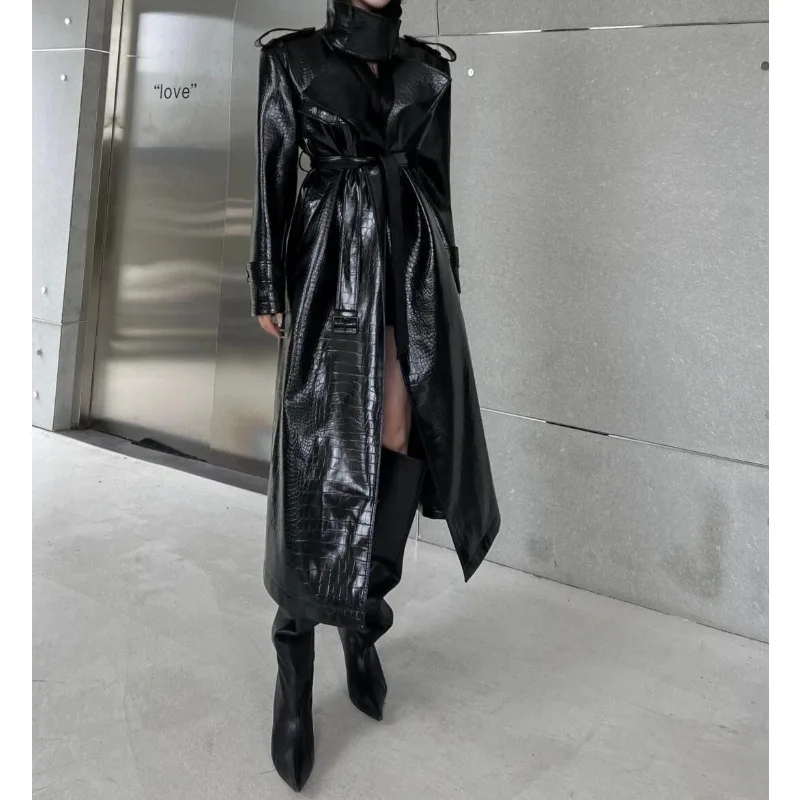

Winter New American Retro Medium and Long Trench Coat Suit Collar Waist Strap Loose Locomotive Suit Design Leather Jacket