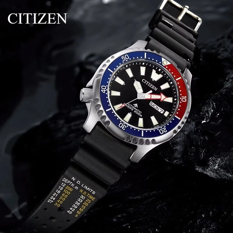 Original Citizen NY0110-13EB Automatic Diver Watch 44mm Pepsi Bezel Black Dial Rubber Strap 20BAR Day Date