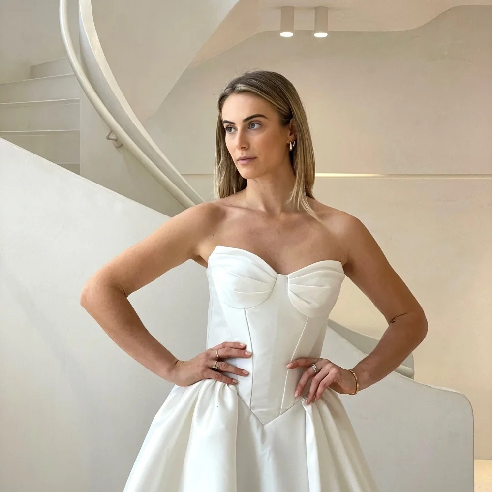 Amanda White Satin Strapless vestido femininos Sleeveless فساتين سهرة Floor-Length Cocktail Party Prom Customized Wedding Dress