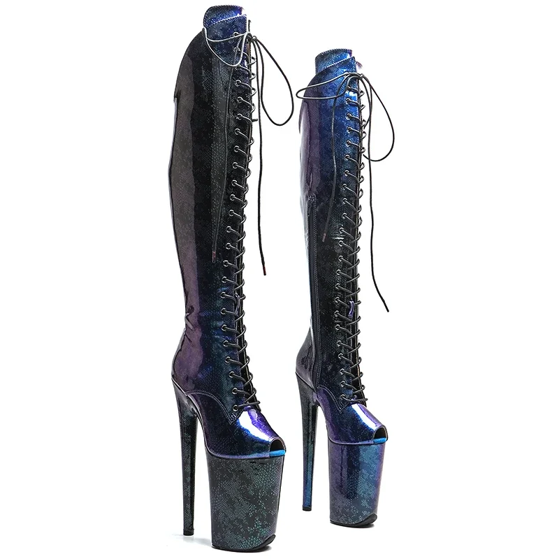 Leecabe 23CM/9 pulgadas serpiente brillante PU pequeño dedo del pie abierto moda señora tacón alto plataforma botas de baile en barra