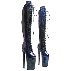 Leecabe 23CM/9 pulgadas serpiente brillante PU pequeño dedo del pie abierto moda señora tacón alto plataforma botas de baile en barra