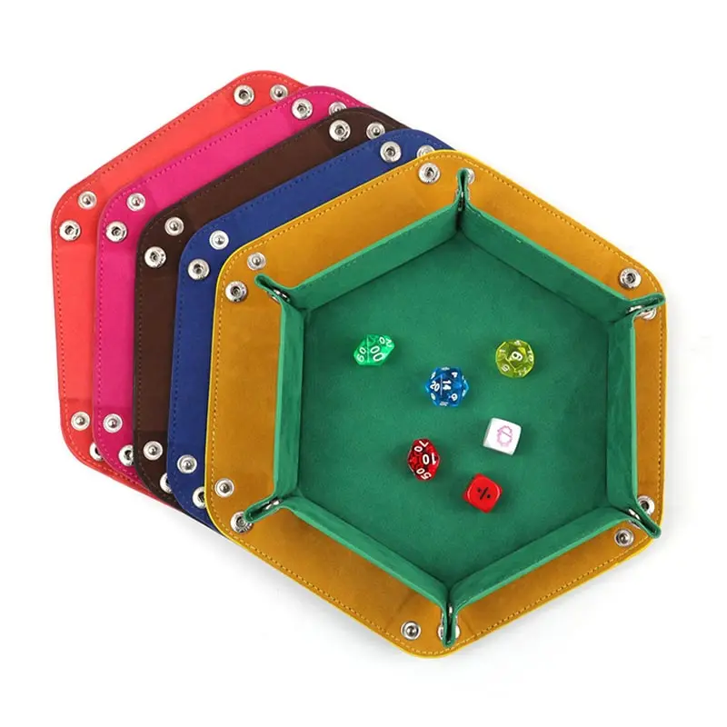 Foldable Dice Tray Holder Box PU Leather Folding Hexagon Coin Square Tray for RPG Role Playing Table Board Game Desktop Storage