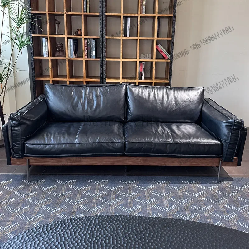 LXMedieval retro style sofa real oil wax leather straight row sofa solid wood medieval living room down module sofaSSS