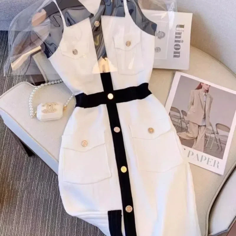 Polo Collar Sleeveless Knitted Dress Women's Slim Fit A Line Bodycon Skirt Female