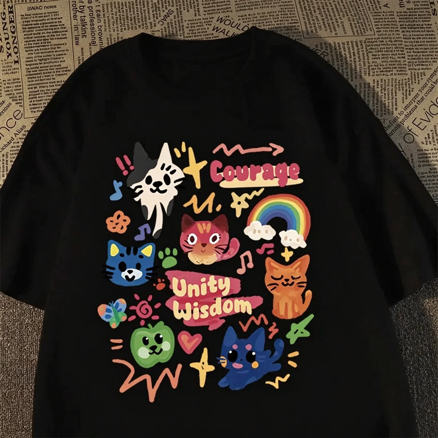 Cute Multicolor Cat Rainbow Graphic T Shirt Women Casual Short Sleeve Summer Cotton Streetwear Tops