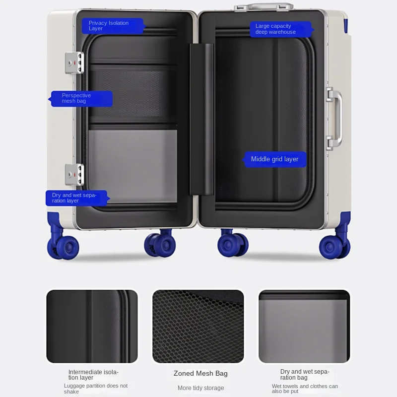 Front-opening Luggage Wide Handle 20-26 Inch Large Capacity Aluminum Frame Password Suitcase Lightweight Carry-on Travel Case