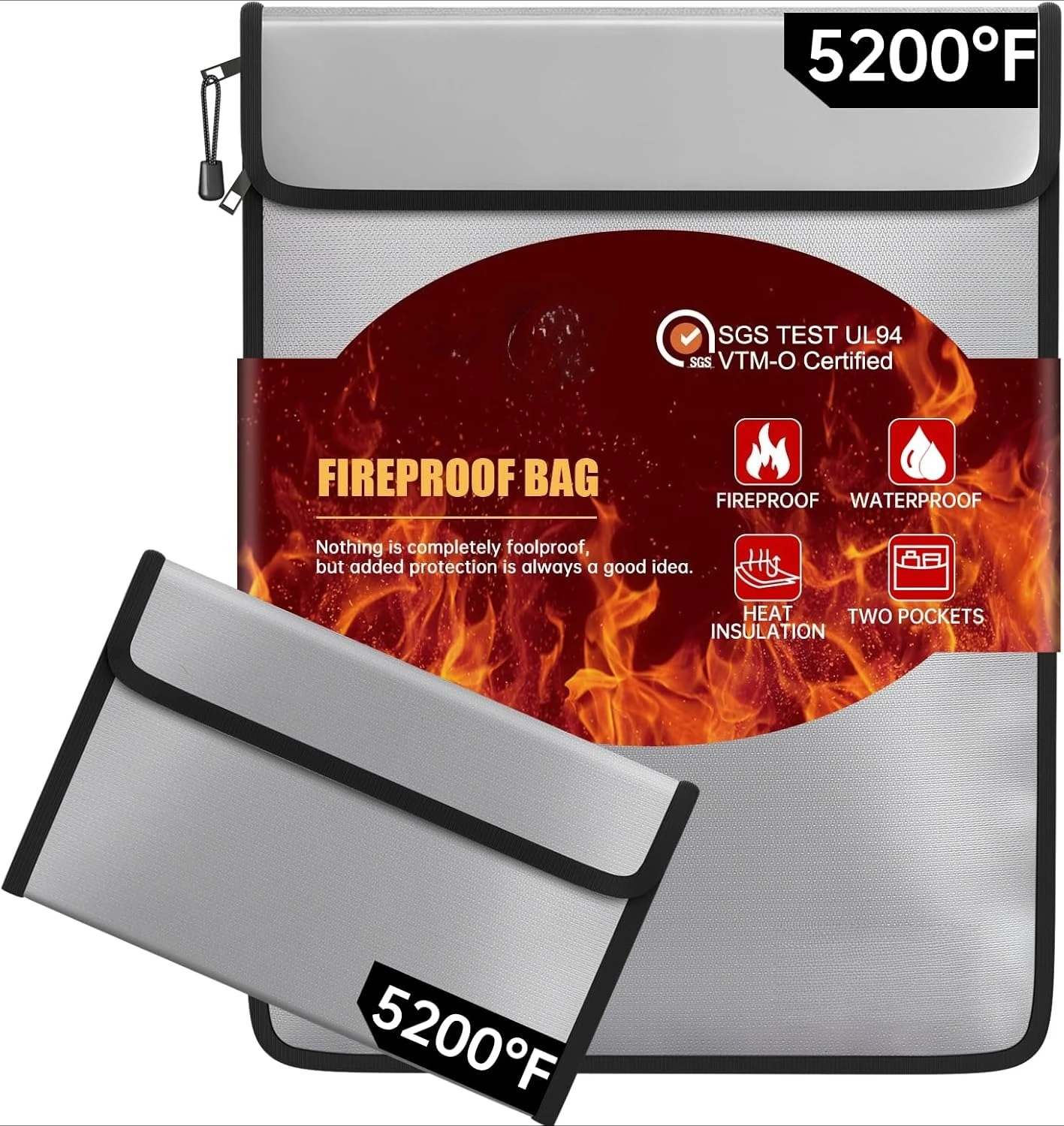 

Fireproof document bag (heat resistant to 5200℉), travel bag with fireproof storage, 8 layers