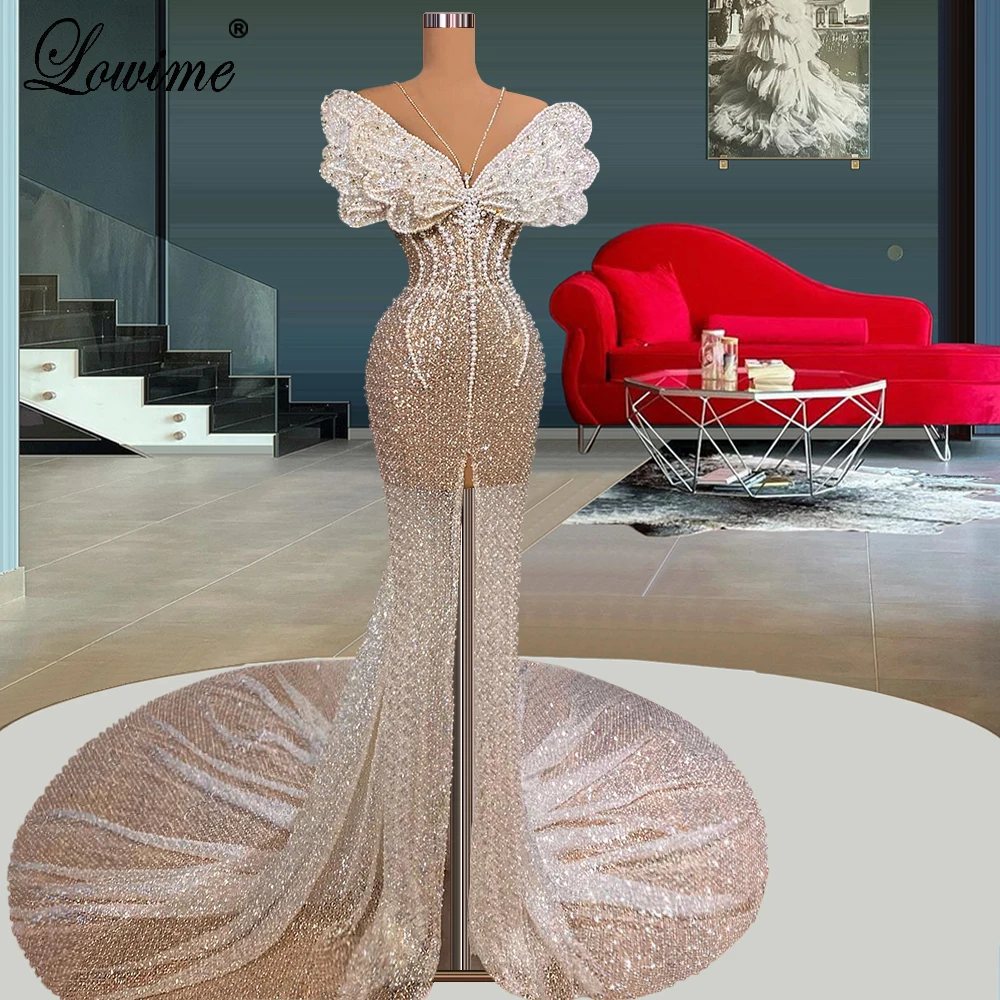 Newest Designed Mermaid Pearls Celebrity Dresses For Women Crystals Sleeveless Evening Dresses With Slit Robes Du Soir Custom