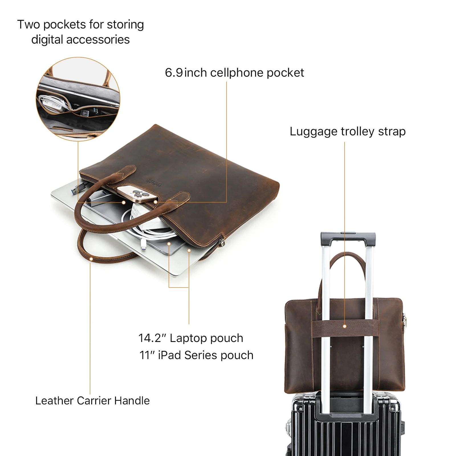 CONTACT'S-Sac d'affaires en cuir véritable pour homme, étui à bombes, fourre-tout pour ordinateur portable, sac à main pour Macbook 14.2 ", haute qualité