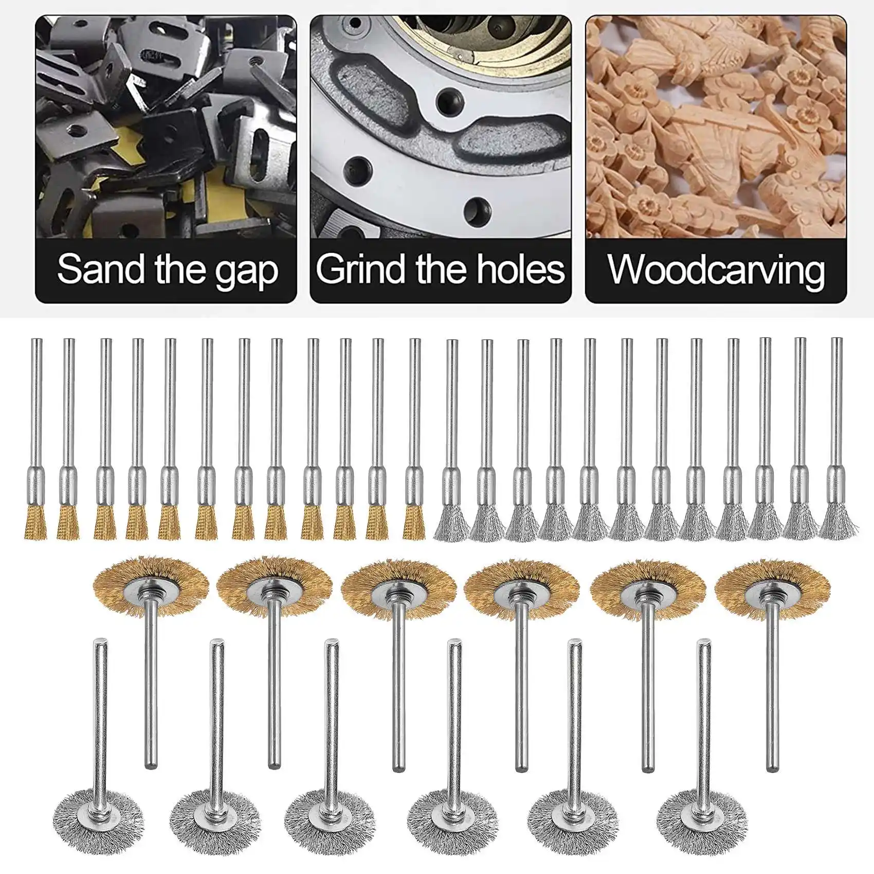 

N08R 44 Pieces Mini Wire Brush Wheel Cup Brass Steel Wire Brush Set 1/8Inch (3Mm) Shank For Power Dremel Rotary Tools Polishing