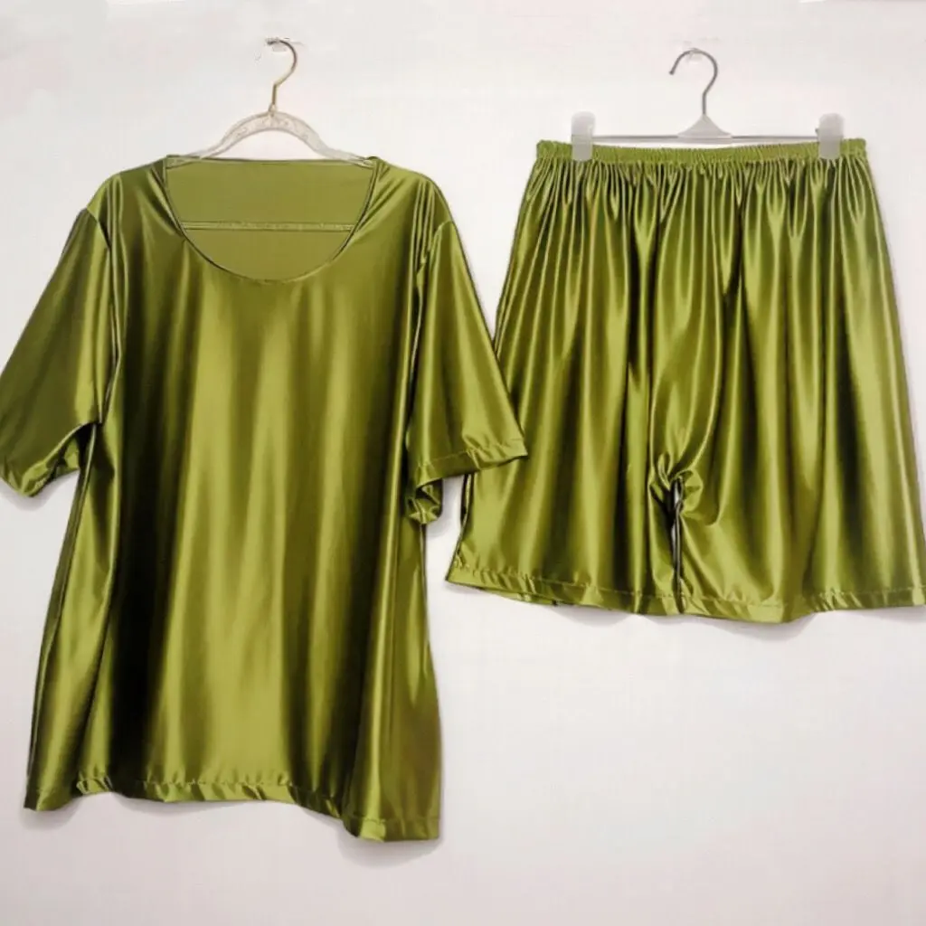 Summer Ice Silk Glossy 2 Pieces Sets Fitness Tops Shorts Plus Size Sleeping Pajamas