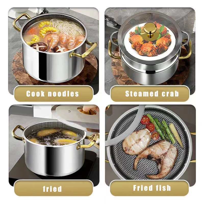 304 Stainless Steel Soup Pot Honeycomb Non-stick Pot with lid Household Hot Pot Induction Cooker Gas Stove Universal Frying Pan